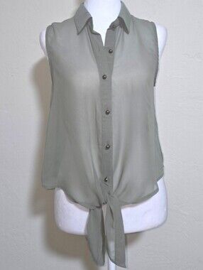 Poetry Olive Gray Sheer Sleeveless Button Tie Front Blouse, M, Boho Mimimalist